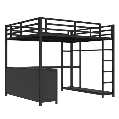 Queen Metal Modern Loft Bed with Wardrobe, L-Shaped Desk, Storage Cubes and Shelves, Black