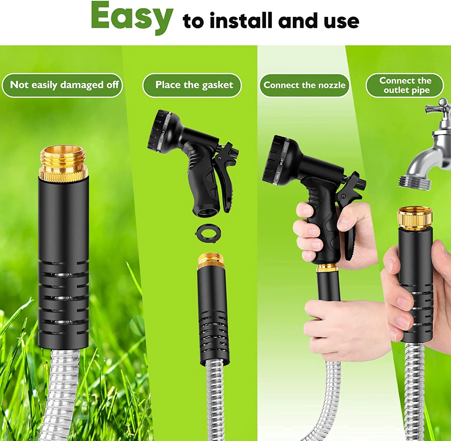 Metal Garden Hose 100FT, Stainless Steel Heavy Duty Water Hose With 10 Function Nozzle, No-Kink, Tough & Flexible, Sturdy and Lightweight