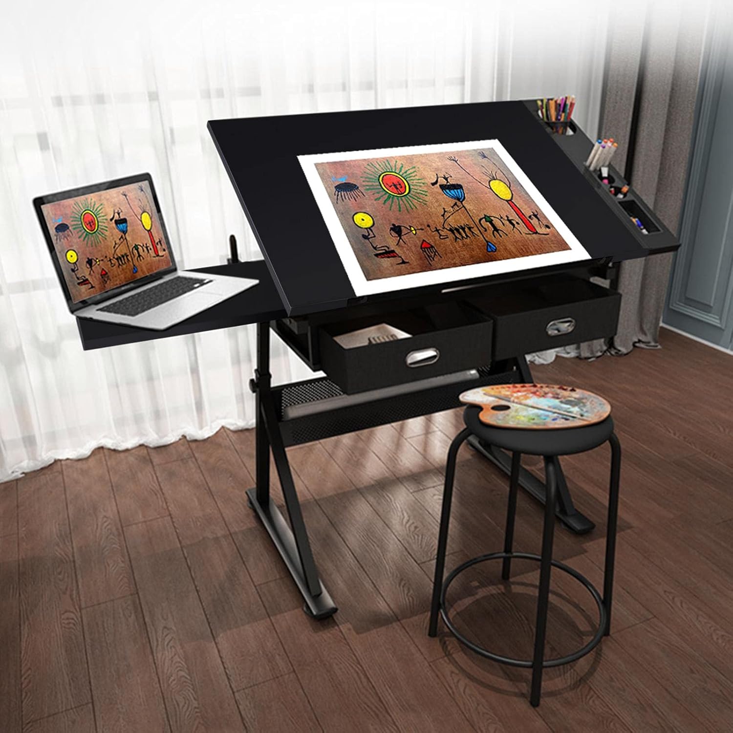 Yaheetech Art Craft Table Drawing Table Height Adjustable Drafting Desk Work Station with Tiltable Tabletop w/Stool and 2 Storage Drawers for Reading