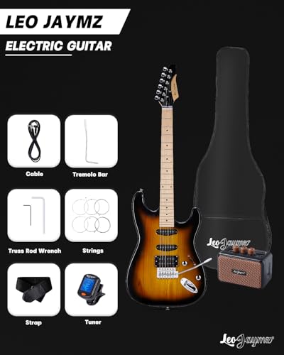 Leo Jaymz 39" Full Size ST Style Electric Guitar Starter Kit with SSH Pickup, 5W Portable Amp, Tuner, Gig Bag, Strap & Accessories (Violet Ocean)
