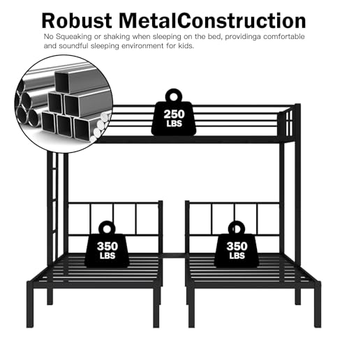 Twin Triple Bunk Bed, Heavy Duty Metal Bunk Bed with Guardrails, Ladder, Detachable Into 3 Twin Beds for Kids, Teens and Adults, Space-Saving Design