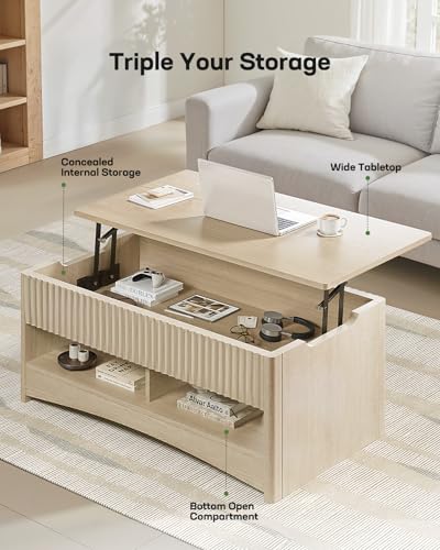 Marsail Lift Top Coffee Table with Open & Hidden Storage, Modern Fluted Coffee Table with Smooth Lift Mechanism