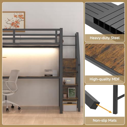 Full Size Loft Bed with Desk and Storage Stairs, Heavy Duty Metal Loft Bed Frame with Wardrobe