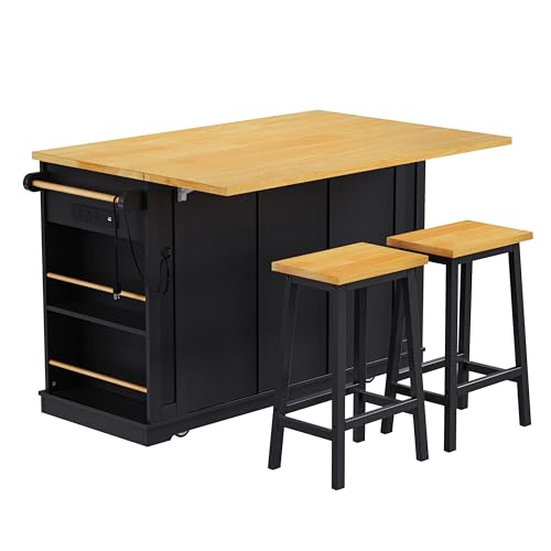Rolling Kitchen Island with Drop Leaf & Power Outlet, Large Kitchen Islands Cart on Wheels