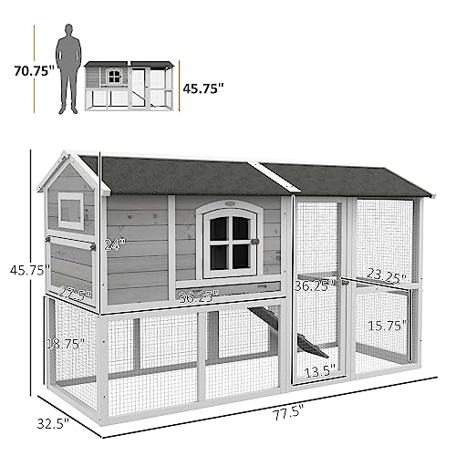 PawHut Chicken Coop, Wooden Chicken Hutch for 4 Chickens with Nesting Box, Removable Tray, Run, Hen House for Outdoor, Backyard, Farm