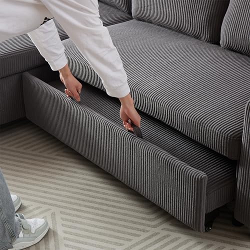 L-Shaped Pull Out Sleep Sofabed,Modern Reversible Sleeper Sectional Sofa Chenille Upholstered Button Tufted Decor with Storage Chaise