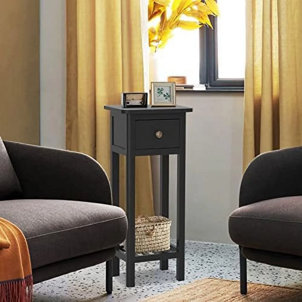 HJZUINIUNIU Narrow Side Table  Small End Table for Small Spaces  Farmhouse Acacia Wood Slim Side Table  Small Bedside Tables Thin Nightstand w/Drawer