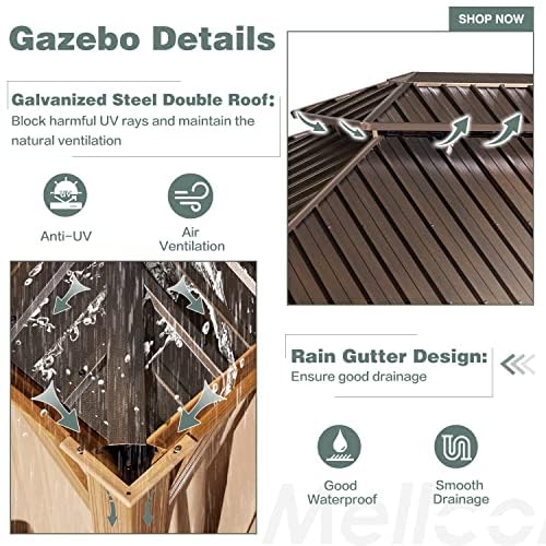 MELLCOM 12'x16' Hardtop Gazebo, Galvanized Steel Metal Double Roof Canopy with Curtains and Netting