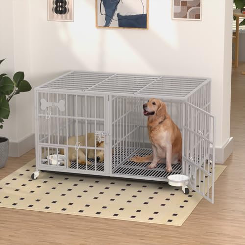 aboxoo 42/48 inch Heavy Duty Metal Dog Crate for 2 Dogs/Large Dog,All Metal Open Top,Dog Kennel Indoor with Wheels,Floor Grid, Tray