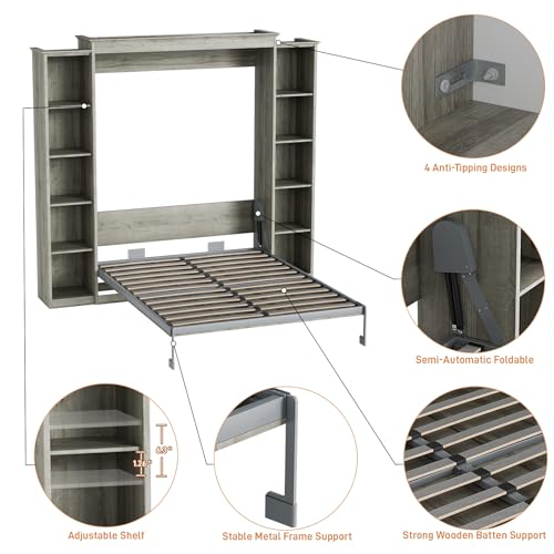 Rophefx Queen Murphy Bed Cabinet with 5-Tier Adjustable Storage Shelves, Queen Wall Bed Cabinet Bed, Wood Space Saving Beds, Foldable Platform Beds