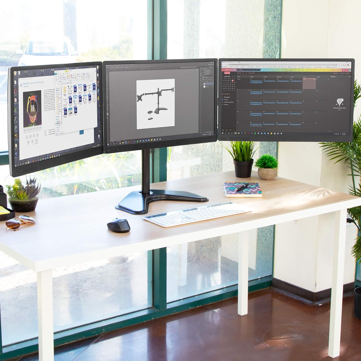 Mount-It! Triple Monitor Stand - Freestanding Computer Desk Mount Fits Up to 27 Inch Monitors, VESA 75, 100 Compatible Pack of 2