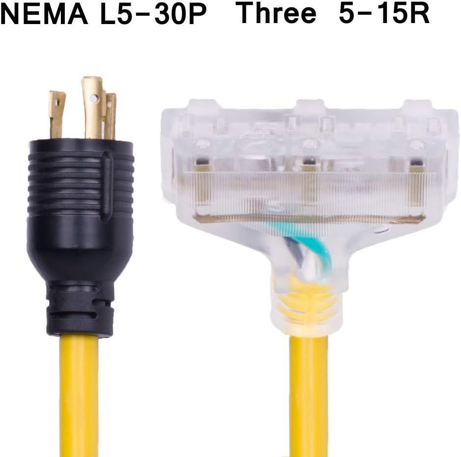 25 Feet Heavy Duty Generator Extension Cord,Generator Locking Cord,NEMA L5-30P/Three 5-15R, 3 Prong 10 Gauge Flexible Generator Cable