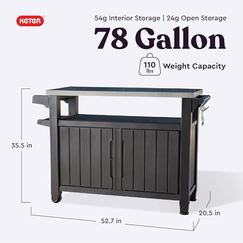 Keter Outdoor Rolling Table Cart for Food Prep, Storage, Bar & Grill, Dark Brown - Portable Kitchen Island Tabletop with Wheels for Drinks, Snacks