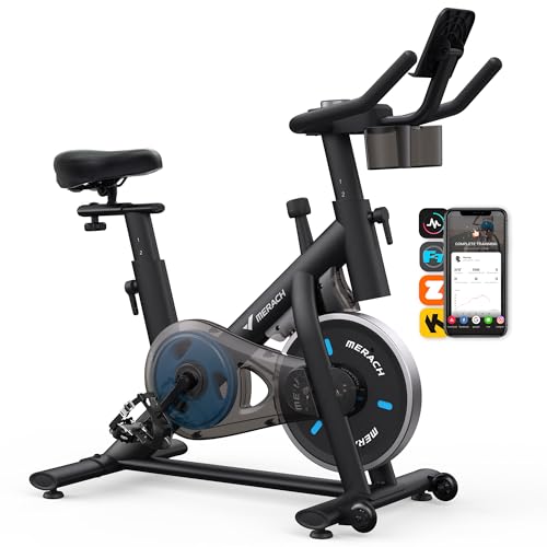 MERACH Exercise Bike, Brake Pad Stationary Bike with Exclusive App, Low Noise Indoor Cycling Bike with 300lbs Weight Capacity