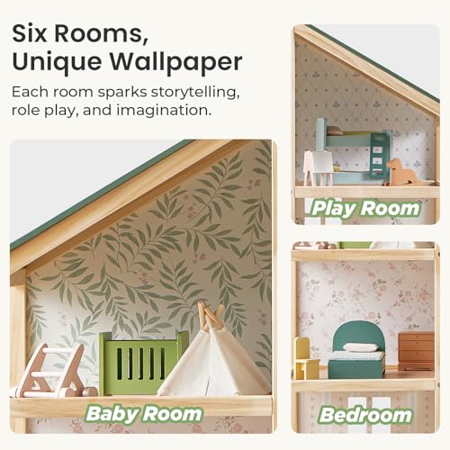 Tiny Land Wooden Dollhouse for Girls - 6 Rooms Wooden Doll House, DIY Pretend Doll House with 31Pcs Furniture Accessories