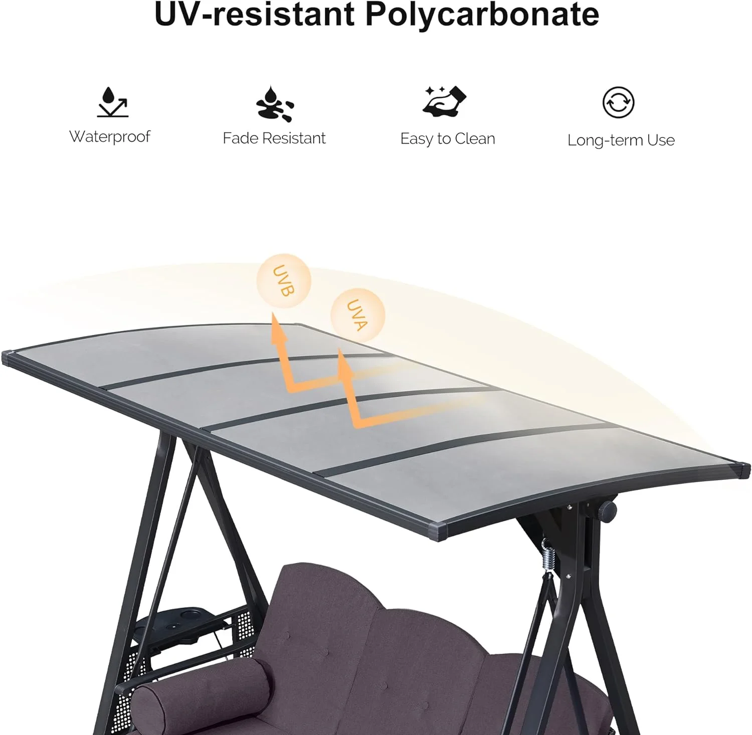 PURPLE LEAF Outdoor Patio Porch Swing with Adjustable PVC Canopy, 3-Seat Swing Chair Bench with Side Cup Holder for Backyard Front Porch Lawn