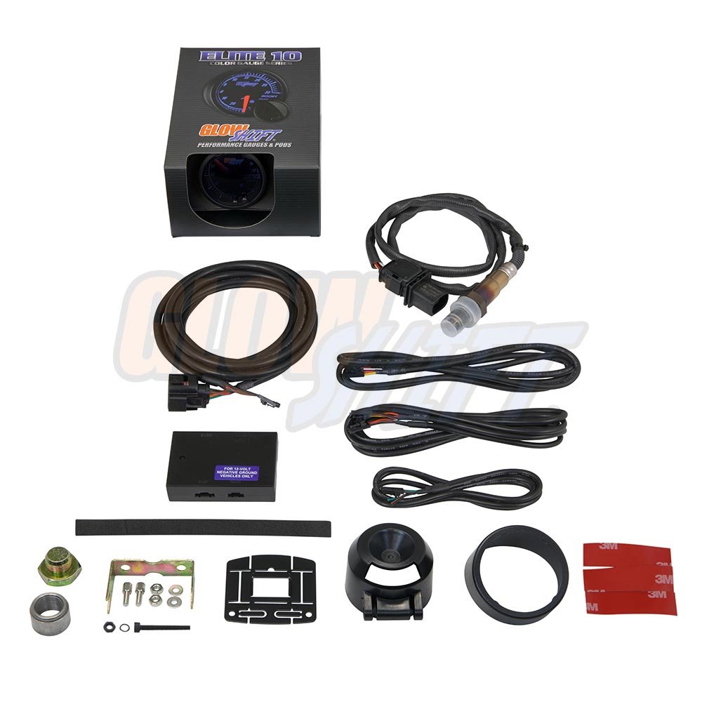 GlowShift Elite 10 Color Wideband Air/Fuel Ratio AFR Gauge Kit - Includes Oxygen Sensor, Data Logging Output & Weld-in Bung - Black Dial