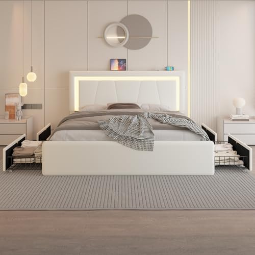 Full Size Bed Frame with 4 Storage Drawers and LED Lights, Upholstered Platform Bed with Adjustable Headboard and Charging Station