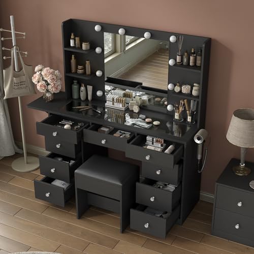Vanity Desk & Power Outlet, Makeup Vanity with Mirror and 10 LED Lights, 3 Lighting Modes Brightness Adjustable