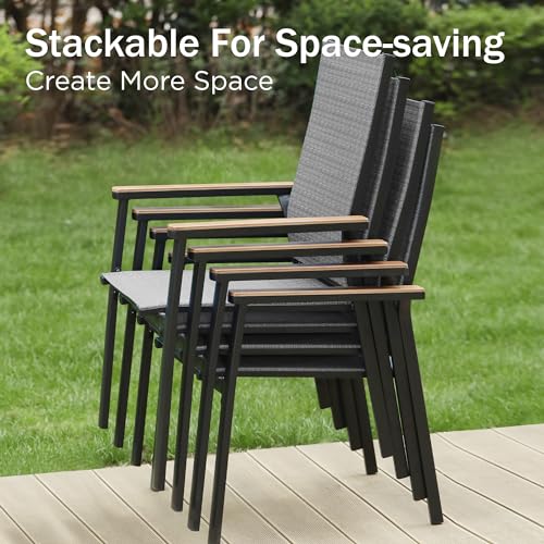 PHI VILLA Outdoor Stackable Dining Chairs Set of 6（Beige,Lightweight Aluminum Frame with Textilene Fabric & Wider Armrest,Easy to Store