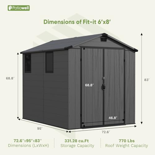 Patiowell 6 x 8 FT Plastic Outdoor Storage Shed with Floor, Resin Outside Tool Shed with Two Windows and Lockable Easy to Install, Door for Garden
