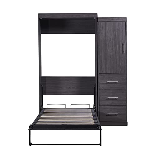 Full Size Murphy Bed with 2 Convertible Side Cabinet Storage Shelf, Foldable Wallbed Bedframe