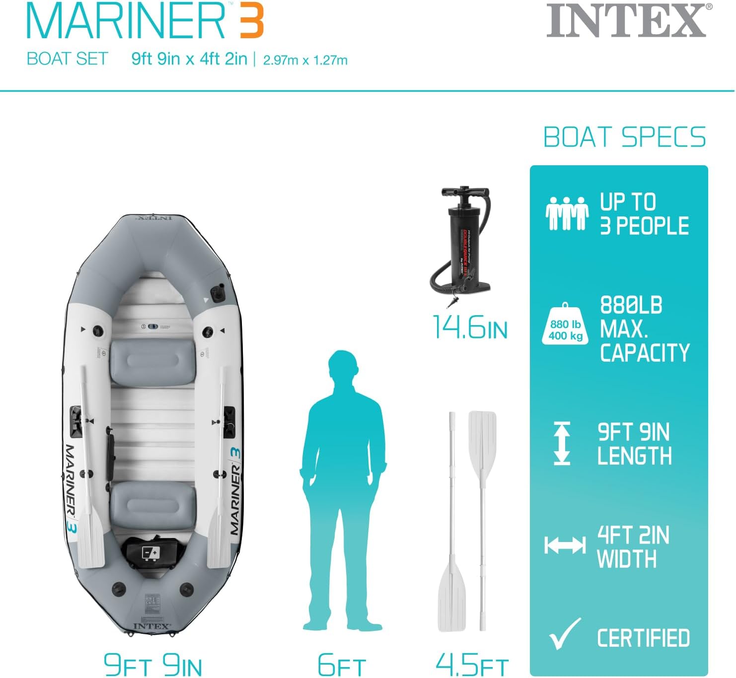 INTEX 68376EP Mariner 4 Inflatable Boat Set: Includes Deluxe 54in Aluminum Oars and High-Output Pump &ndash; SuperTough PVC &ndash