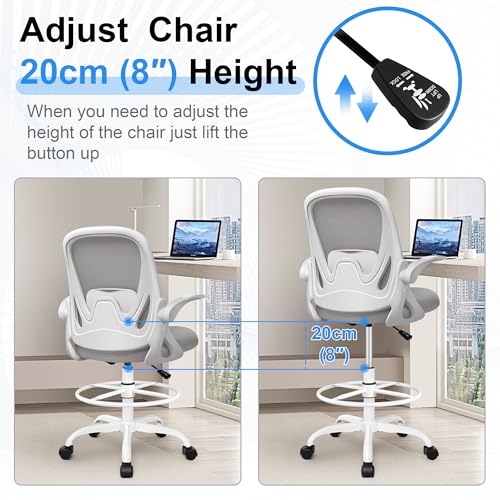 Primy Drafting Chair Tall Office Chair with Flip-up Armrests Executive Ergonomic Computer Standing Desk Chair with Lumbar Support and Adjustable
