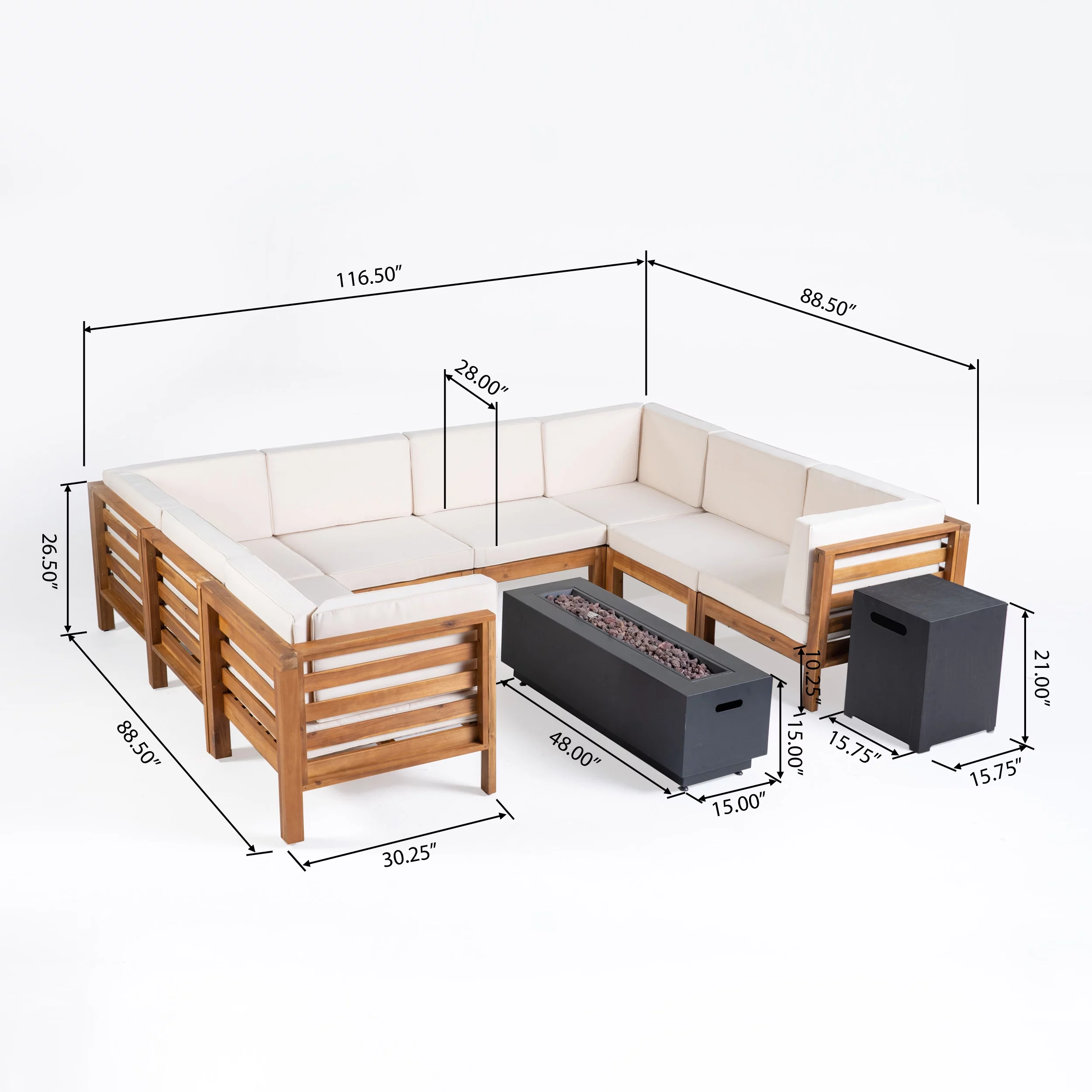 GDF Studio Krystin Outdoor U-Shaped Sectional Sofa Set with Fire Pit, Brown