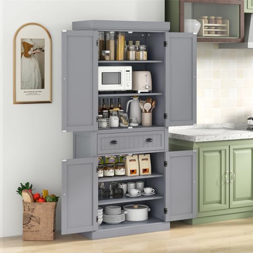 Tangkula 72" H Kitchen Pantry Cupboard Cabinet, Traditional Freestanding Large Tall Storage Cabinet with 2 Cabinets and Drawer, Adjustable Shelves