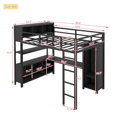 Bellamave Metal Loft Bed with Wardrobe and L-Shaped Desk, Full Size Loft Bed with Storage Cubes and Shelves, Heavy Duty LoftBed for Kids Teens Adults