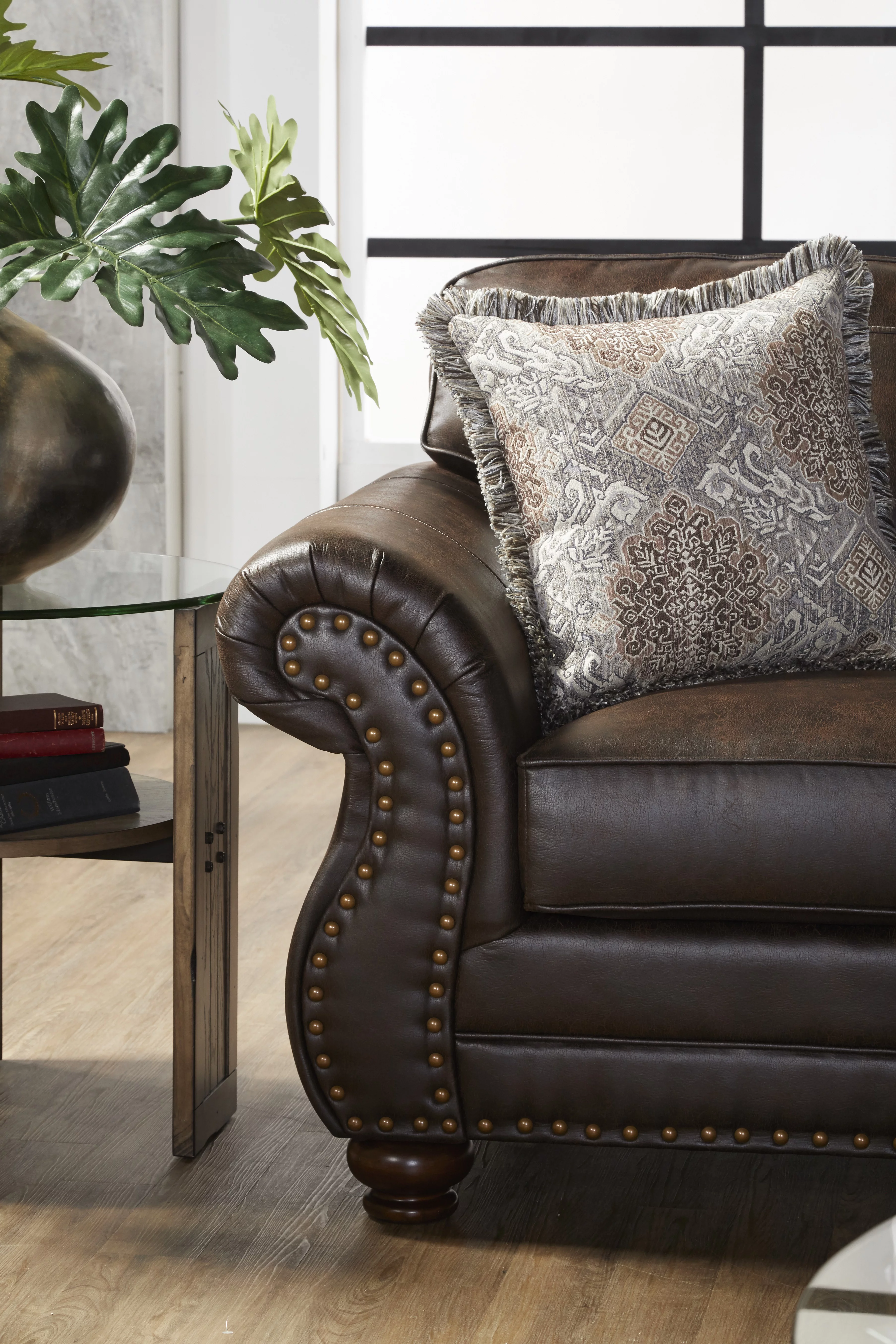 Roundhill Furniture Leinster Nailhead Faux Leather Sofa and Loveseat Set, Espresso
