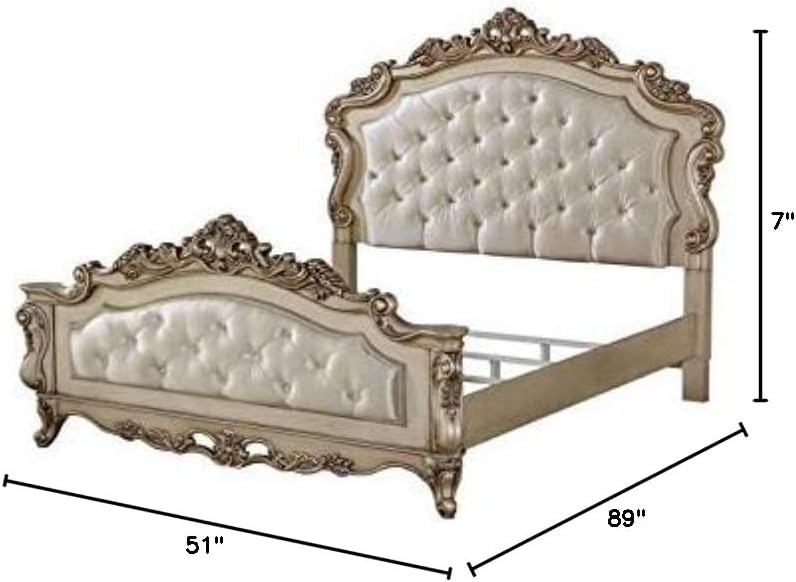 Acme Gorsedd Tufted Eastern King Panel Bed in Cream Fabric and Golden Ivory