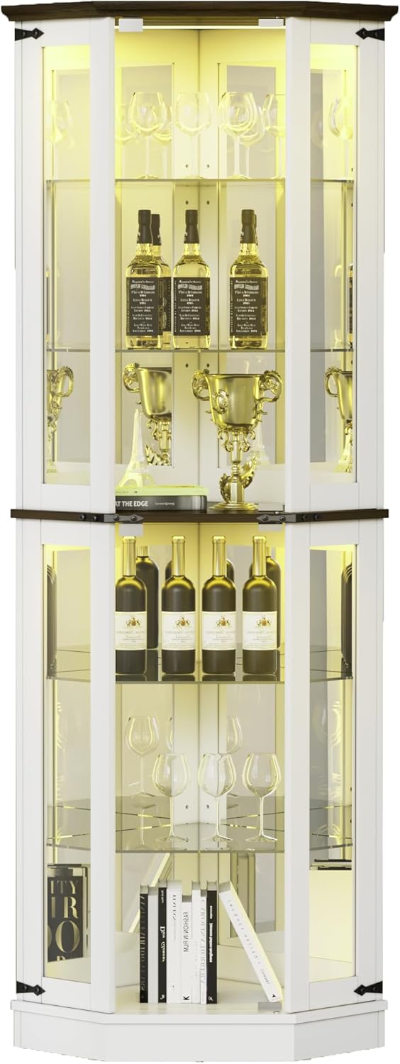 PAKASEPT 71'' Farmhouse Display Curio Cabinet with LED Lights,Tempered Glass Doors,6 Shelves