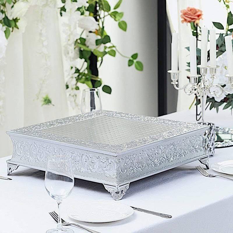 18x18 in Wide Silver Square Embossed Wedding Cake Stand Riser