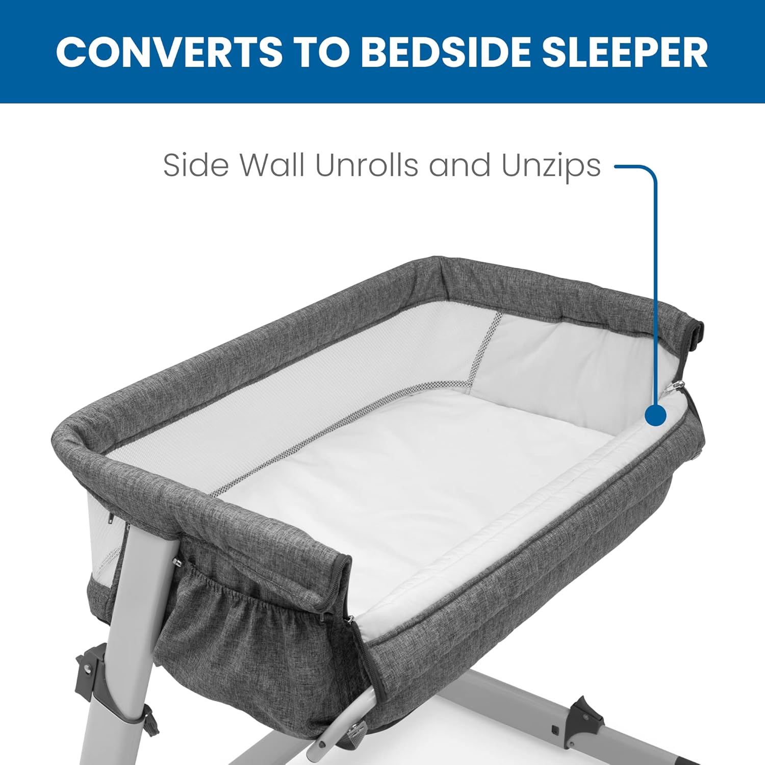 Delta Children Simmons Kids Dream Bedside Bassinet with Zip-Down Side Wall – Convenient Baby Sleeper with Breathable Mesh and Adjustable Heights