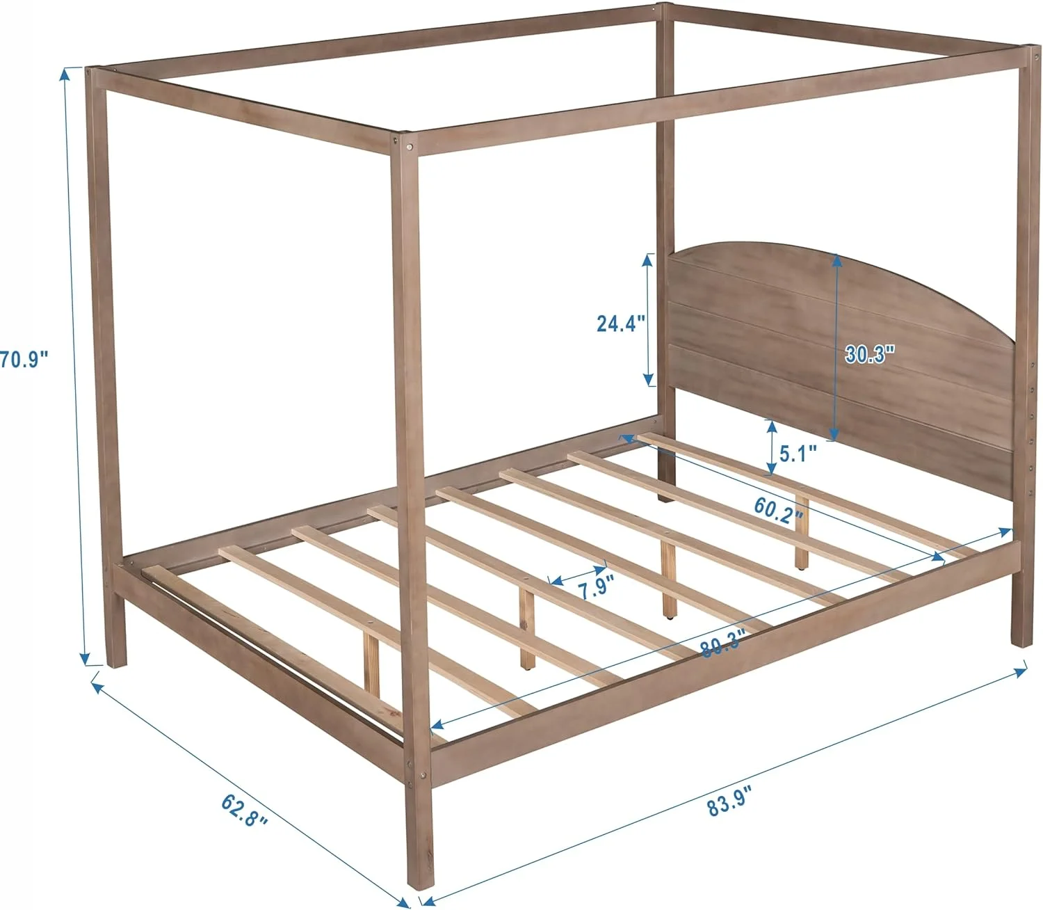 Queen Canopy Bed With Headboard And Slat Support, 4-Post Canopy Bed Queen Size, Wood Queen Platform Bed Frame For Kids Teens Adults