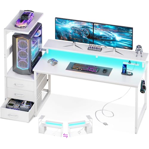 AODK 59 Inch Gaming Desk with USB Charging Ports & LED Light- Reversible Computer Desk with Storage Shelves & Monitor Stand