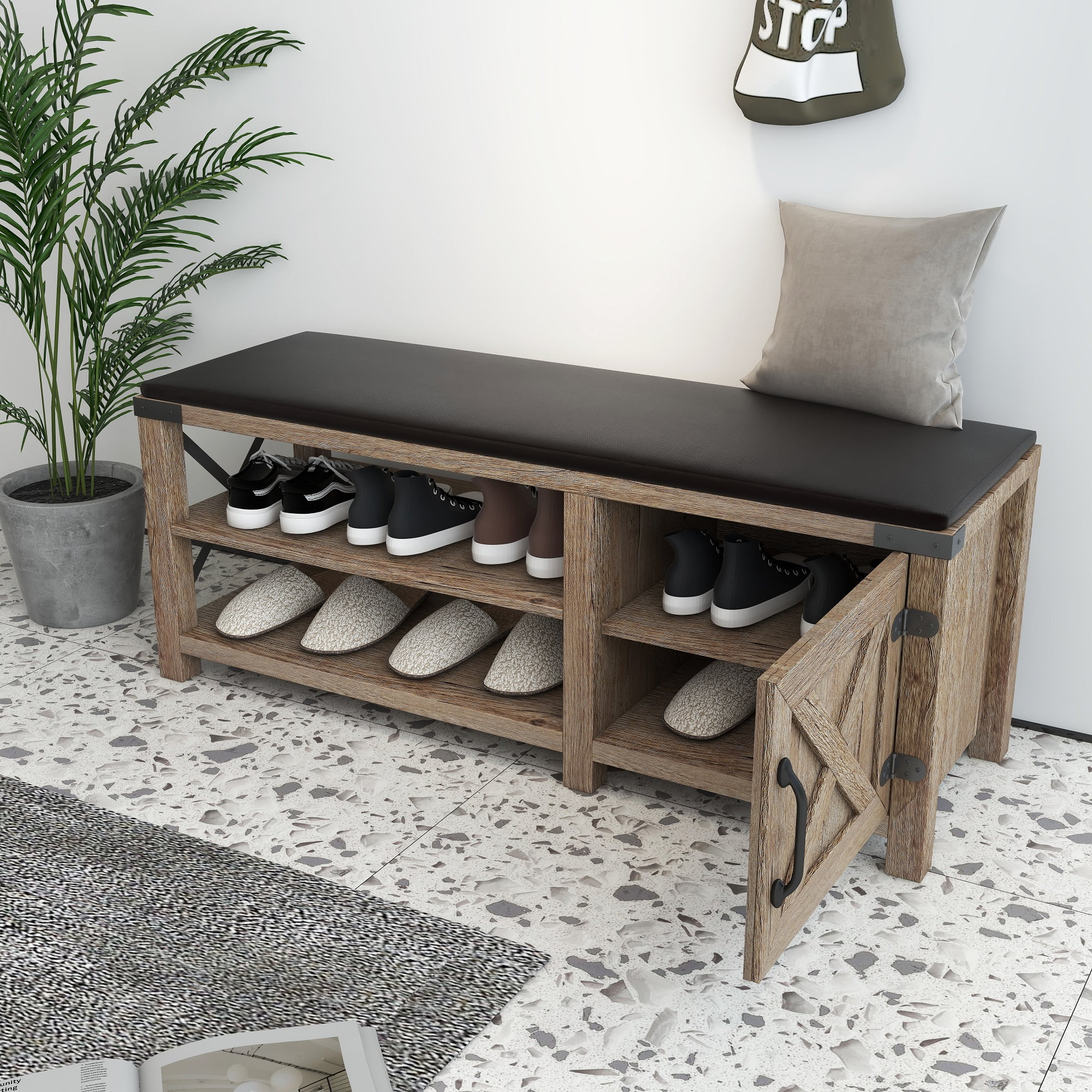 Shoe Bench Entryway with Storage, Shoe Rack Bench with Cushion Seat, Farmhouse 2-Tier Shoe Storage Bench for Entryway Bedroom, Hallway