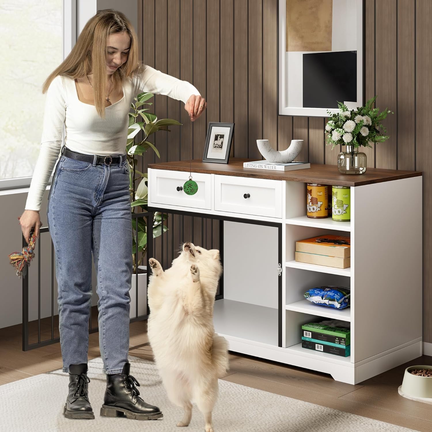 IDEALHOUSE Large Dog Crate Furniture, 47” Dog Crate with 2 Drawers and 4 Shelves, Heavy Duty Wooden Dog Crate