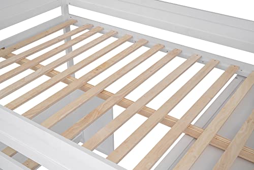 Full Size Loft Bed with L-Shaped Desk, Wardrobe and Storage Shelves, Solid Wood Bedframe w/Safety Guardrails & Ladder for Kids Teens Adults