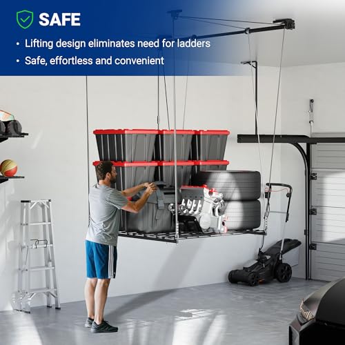 FLEXIMOUNTS GL1 Overhead Garage Lifting Storage Rack, 4x4 Ft Heavy-Duty Metal Garage Ceiling Rack, Adjustable Organization System With 71''