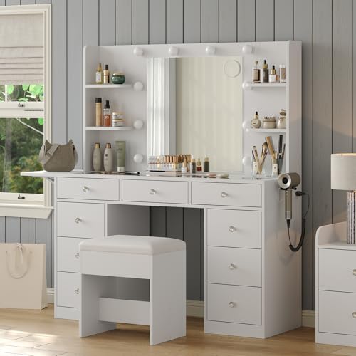 Vanity Desk & Power Outlet, Makeup Vanity with Mirror and 10 LED Lights, 3 Lighting Modes Brightness Adjustable