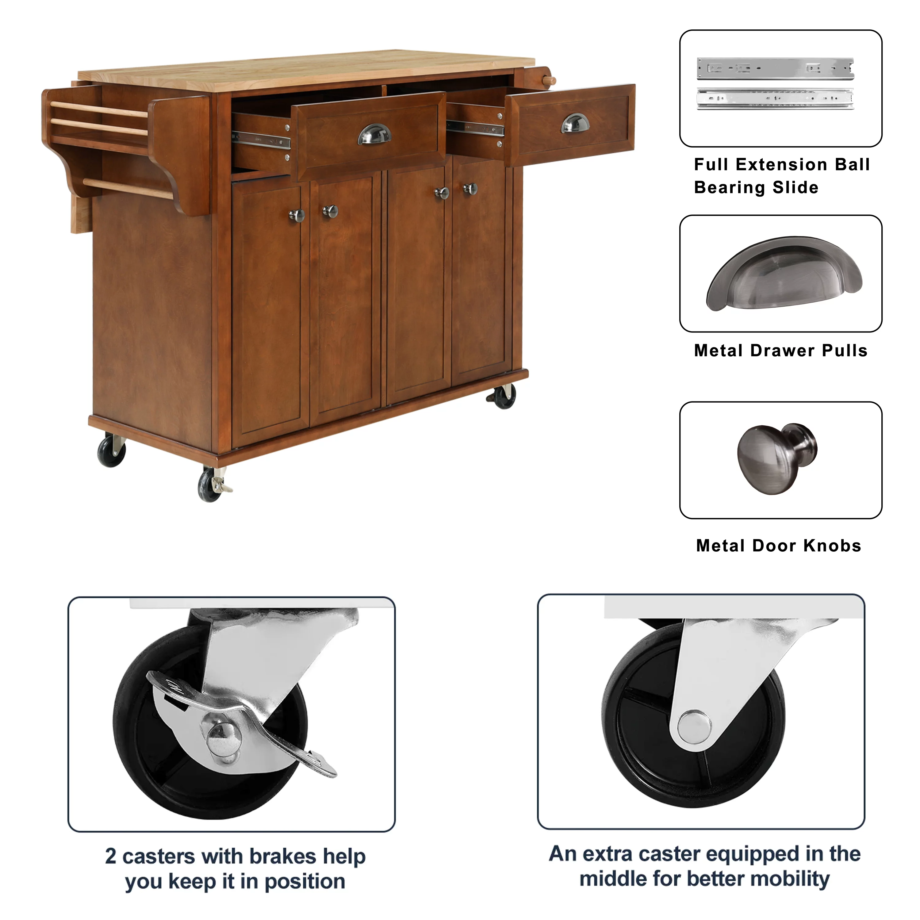 Rolling Kitchen Island Cart with Large Storage Cabinet on Wheels, Solid Rubberwood Countertop with Drop Leaf, Greenguard Gold Certified, 4-Droors