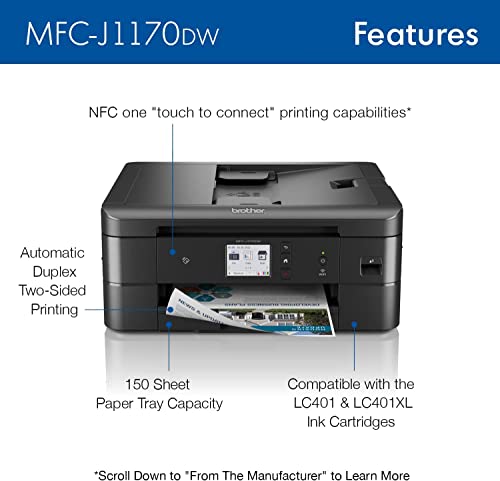 Brother MFC-J1170DW Wireless Color Inkjet All-in-One Printer, NFC One-Touch Print, Duplex, Cloud Print & Scan, Mobile App Control, 2.7" Touchscreen