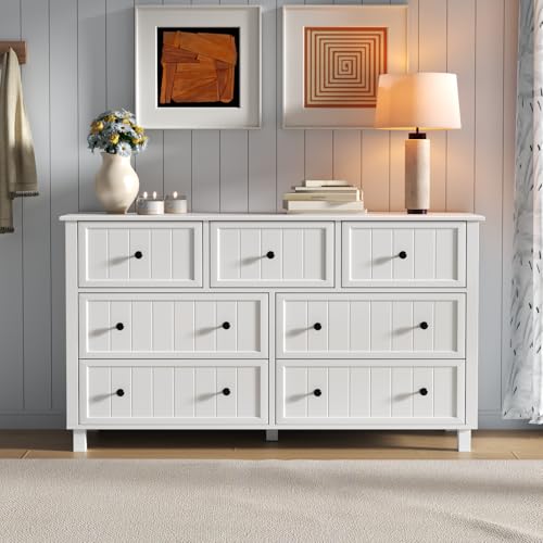 Farmhouse Dresser with 7 Drawers, White Dresser for Bedroom, Chest of Drawers, Modern Dresser for Closet, TV Stand with Large Drawers