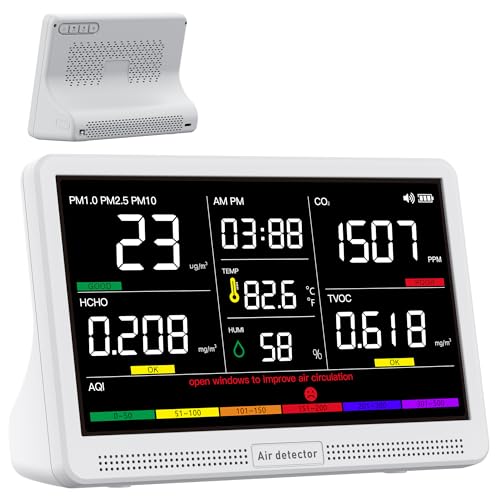 bonoch 16 in 1 Air Quality Monitor Indoor 7" Display 9 AQI+7 AQI Alerts Air Quality Tester for CO2, TVOC, PM2.5 PM1.0 PM10, HCHO