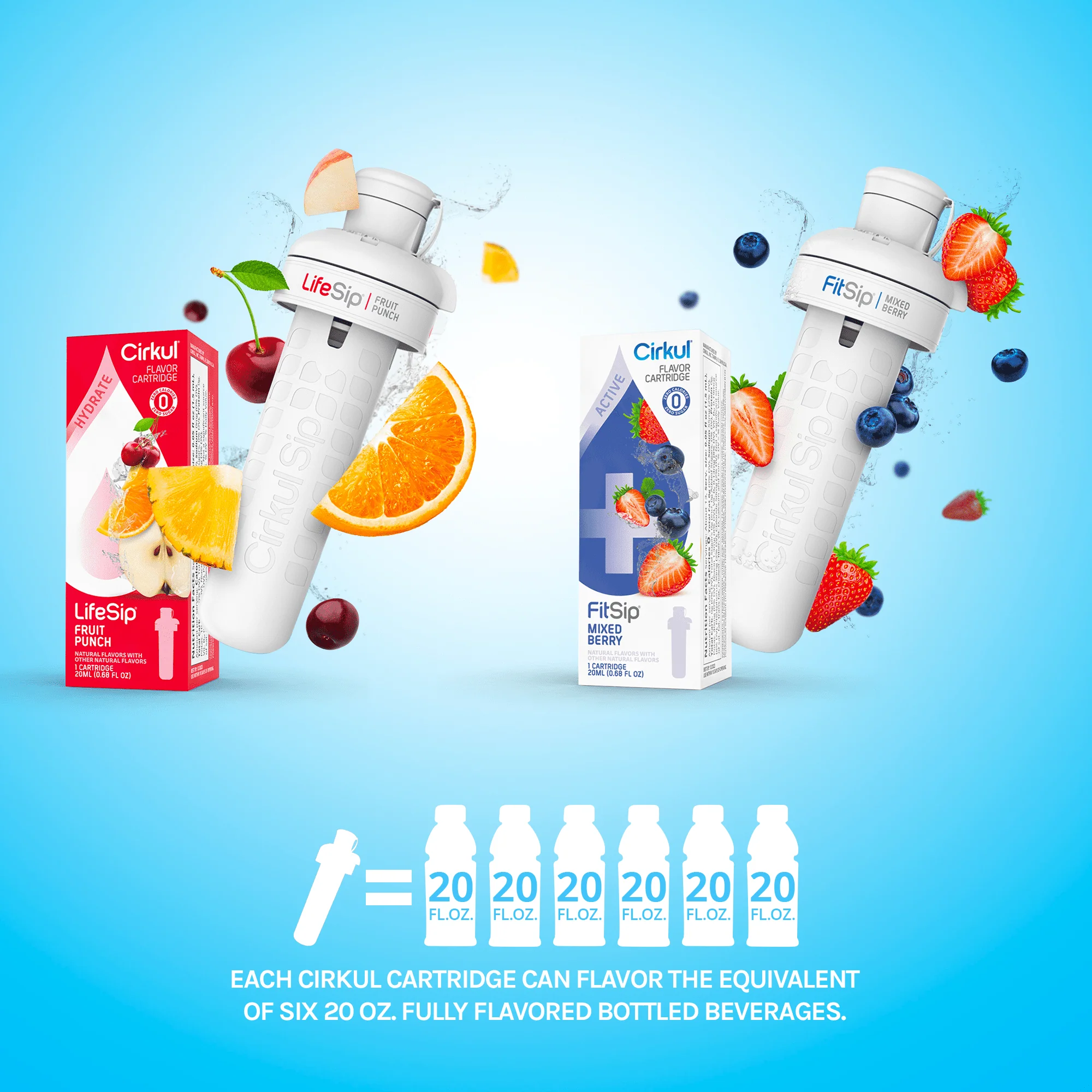 Cirkul 22oz Plastic Water Bottle Starter Kit with Blue Lid and 2 Flavor Cartridges (Fruit Punch & Mixed Berry)