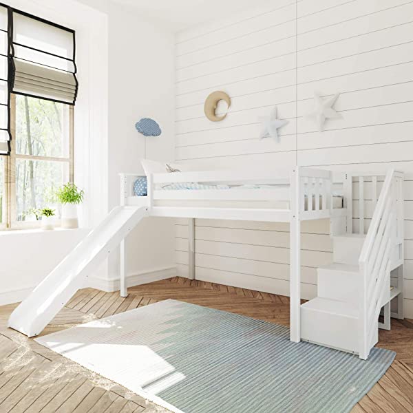 Max & Lily Twin Low Loft Bed with Staircase, White White Low Loft + Staircase Bed