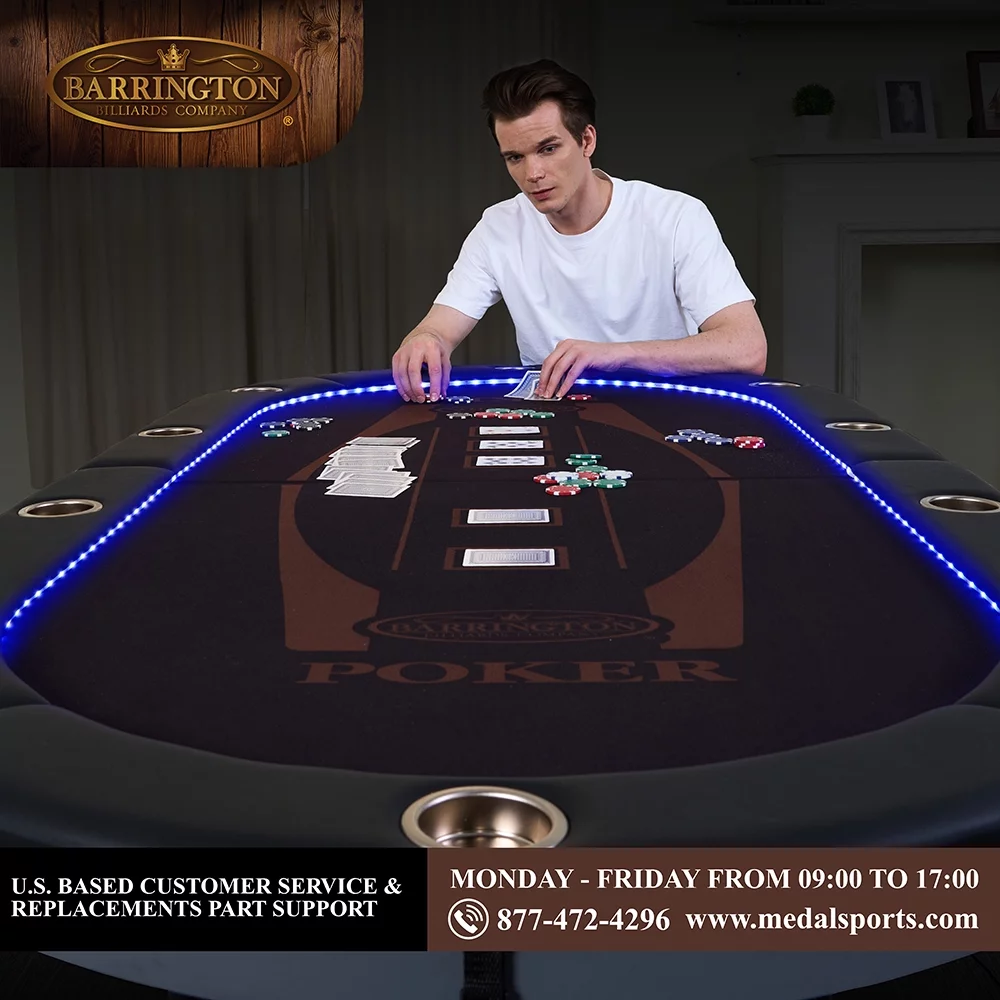 Barrington 10-Player Poker Table with In-laid LED Lights, Brown and Black